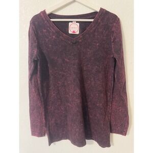 Zenana Outfitters Womens Long Sleeve Top Burgundy Pink Tie Dye‎ Vintage Look